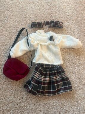 Plaid Skirt & Cream Ruffle Sweater Doll Outfit with Burgundy Bag